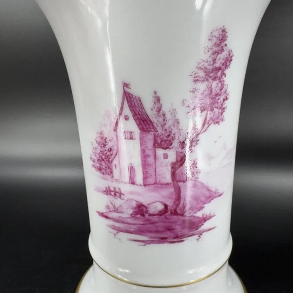 1975 Hochst German Vase Magenta House Church with‎ Gold Trim Germany Porcelain